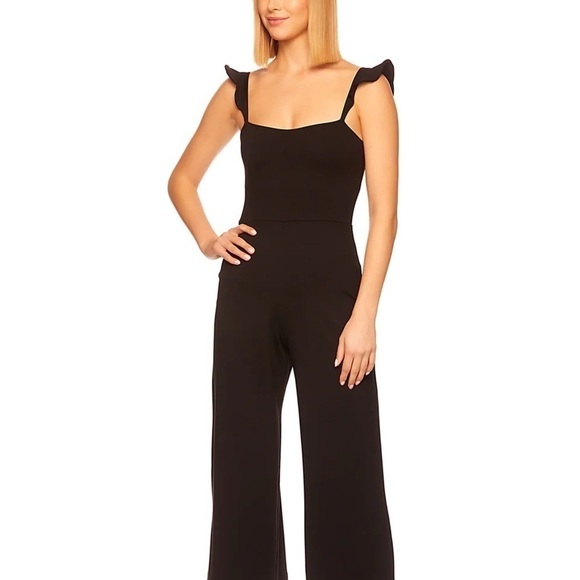 Line and Dot jumpsuit, cropped wide leg, ruffled straps, relaxed fit, black, S - Picture 1 of 16